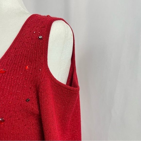 Belldini Large Y2K Cold Shoulder Beaded Rhinestone Ribbed Holiday Top Formal - Picture 7 of 11